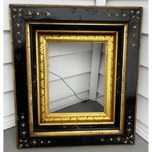 Antique Eastlake Stencil Gold Gilt Art Picture Frame Victorian Black 8x10 Wood